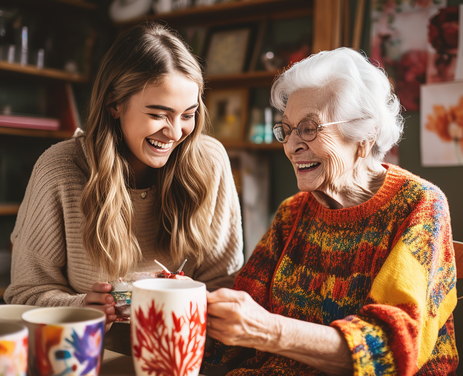 Older woman and younger woman laughing together.